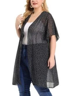 Agnes Orinda Women's Plus Size Cardigan Polka Dots Bell Sleeve Chiffon Summer Cardigans