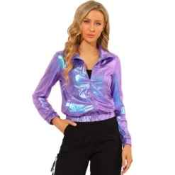 Allegra K Women's Track Holographic Shiny Long Sleeve Metallic Zip Front Jacket -MR Ave Clothing Shop GUEST 0de92fcf f8f1 4405 ab74 063b66055d1c