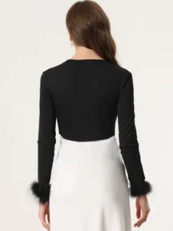 Allegra K Women's Tie Front Long Sleeve Faux Feather Cuff Open Navel Cardigan -MR Ave Clothing Shop GUEST 17657d80 c4b7 4e63 9209 a852f7cf2bc2