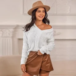 Women's Cable Knit V-Neck Sweater - Cupshe