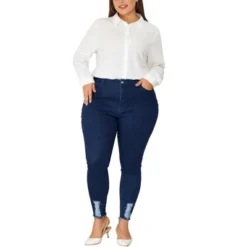 Agnes Orinda Women's Plus Size Denim Ripped Mid Rise Stretch Washed Skinny Jeans
