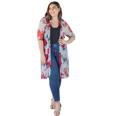 24seven Comfort Apparel Plus Size White And Red Floral Pattern Knee Length Sheer Cardigan 9 24seven Comfort Apparel Plus Size White And Red Floral Pattern Knee Length Sheer Cardigan - Image 7
