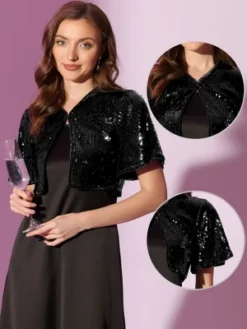 Allegra K Sequin Jacket For Women's Flared Sleeve Sparkly Bolero Crop Glitter Shrug