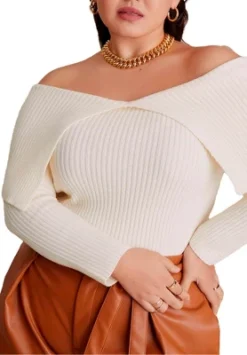 ELOQUII Women’s Plus Size Ribbed Off The Shoulder Sweater