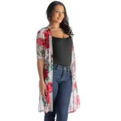 24seven Comfort Apparel Plus Size White And Red Floral Pattern Knee Length Sheer Cardigan