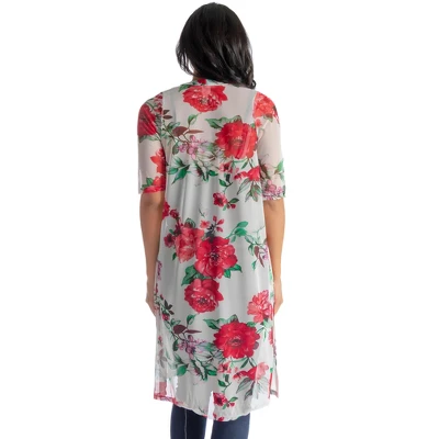 24seven Comfort Apparel Plus Size White And Red Floral Pattern Knee Length Sheer Cardigan 4 24seven Comfort Apparel Plus Size White And Red Floral Pattern Knee Length Sheer Cardigan - Image 2