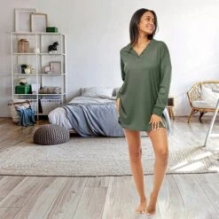 Women's Soft Ribbed Waffle Rib Knit Oversized Sleep Shirt, V-neck Night Shirt Sweater Top