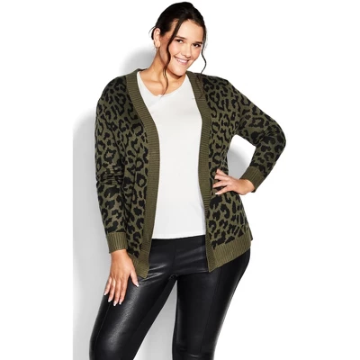 Women's Plus Size Longline Print Cardigan - Olive | AVENUE 5 Women's Plus Size Longline Print Cardigan - Olive | AVENUE - Image 3