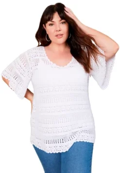 June + Vie By Roaman's Women’s Plus Size Openwork Crochet Pullover Sweater